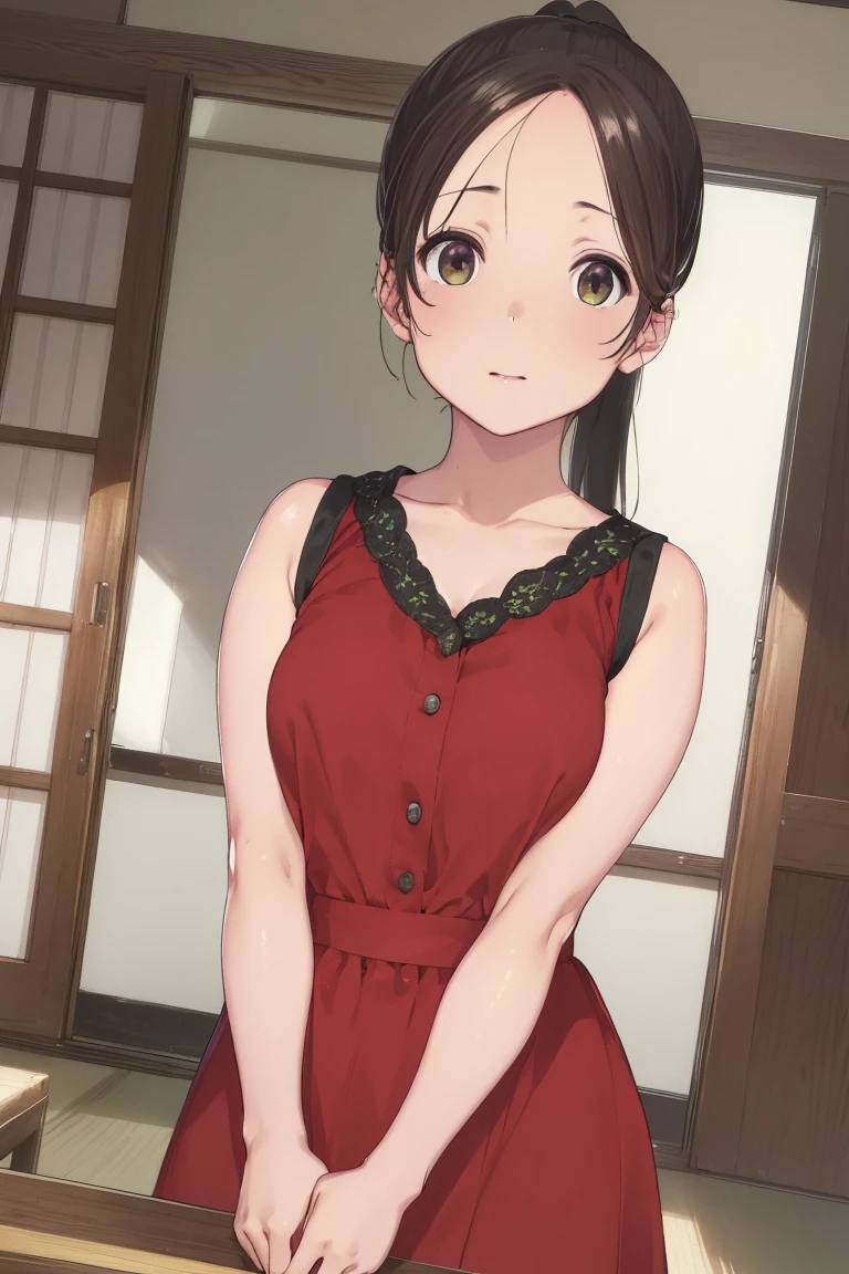 akaneyoshizawa, Akane Yoshizawa, Black Hair, ponytail, (Green Eyes:1.5), flowing bangs, Long Hair,
Blake in a red dress,Sleeveless,Japanese_Clothes,just_shoulder,(Closed_Clothes),
Take a break indoors, classroom,
Breakwatch Viewer, (Cowboy Shot:1.5),Are standing, Leaning forward, Arms behind back and break (masterpiece:1.2), Highest quality, High resolution,Browsing Caution ,unity 8k wallpaper, (shape:0.8), (Beautiful details:1.6), Highly detailed face, Perfect lighting, Extremely detailed CG, (Perfect hands, Perfect Anatomy),