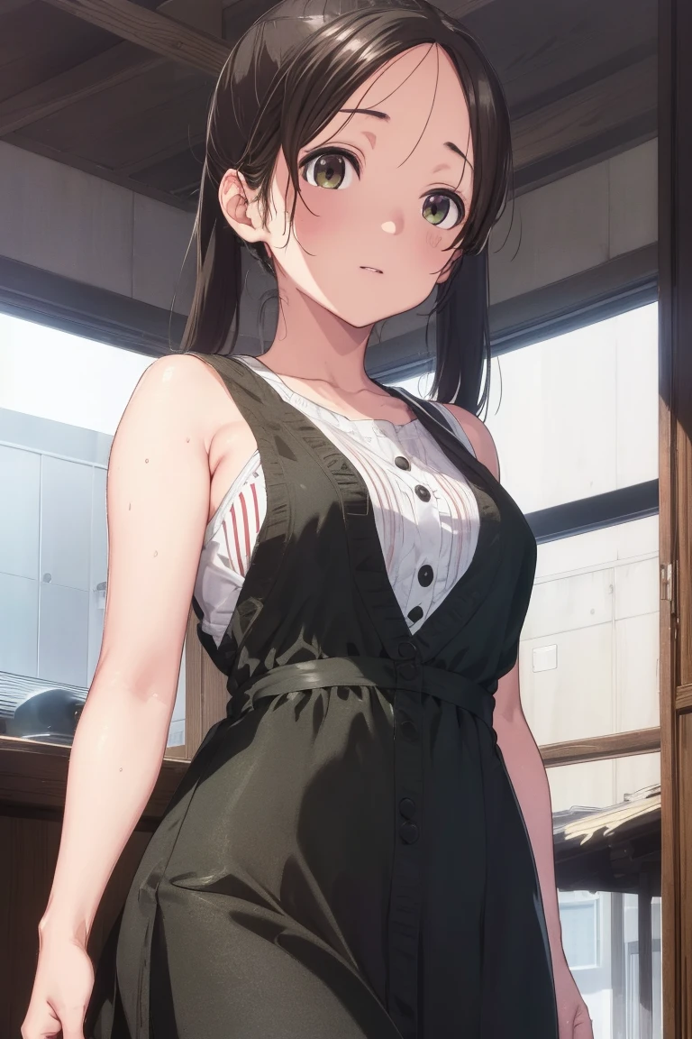 akaneyoshizawa, Akane Yoshizawa, Black Hair, ponytail, (Green Eyes:1.5), flowing bangs, Long Hair,
Blake in a red dress,Sleeveless,Japanese_Clothes,just_shoulder,(Closed_Clothes),
Take a break indoors, classroom,
Breakwatch Viewer, (Cowboy Shot:1.5),Are standing, Leaning forward, Arms behind back and break (masterpiece:1.2), Highest quality, High resolution,Browsing Caution ,unity 8k wallpaper, (shape:0.8), (Beautiful details:1.6), Highly detailed face, Perfect lighting, Extremely detailed CG, (Perfect hands, Perfect Anatomy),