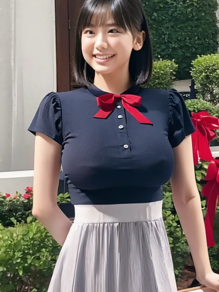 Highest quality、masterpiece、8k、Very detailed、Realistic、One girl、Looking at me with a smile、Black Hair、Short Hair、Small face、Slender、(Big Breasts:1.5)、Thin and beautiful legs、narrow and constricted waist,、Young face、A tight-fitting short-sleeved white shirt with buttons and a collar、Short navy blue pleated skirt、Red ribbon on chest、(Erect nipples:1.2)