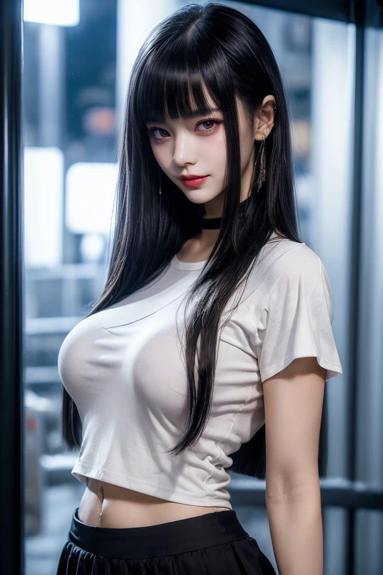 Have a look at this、Look forward、(belly button、Tight white t-shirt:1.5)、Black mini skirt:1.5、Ultra-high resolution、(((Blunt bangs, Princess Van))), (((Very heavy,Voluminous bangs:1.1))),(((very length, Very heavy,Very voluminous side locks:1.1))),, Princess Cut, Straight bangs hairstyle, Round face with Blunt bangs, length, Glossless hair、The bangs are cut straight,(masterpiece, Highest quality:1.5), (Ultra-fine 8K CG:1.4), (hyperRealistic:1.25), (PhotoRealistic:1.25), (Realistic:1.4), Cowboy Shot,(Smile 1.3), Beautiful Japanese Girl, , Supermodel, Japanese Idols, (Grin), (Big Breasts:1.5), Sweat、(Shibuya at night:1.5)、Accentuate your cleavage、Black Hair:1.2、(Full body image:1.5)、((Real person:1.5))、Perfect balance、(From above:1.5）