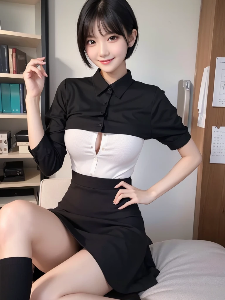Highest quality、masterpiece、8k、Very detailed、Realistic、One girl、Looking at me with a smile、Black Hair、Short Hair、Small face、Slender、Big Breasts、Thin and beautiful legs、narrow and constricted waist,、A tight-fitting shirt with an open center、Tight Skirt、Dressed like a female teacher