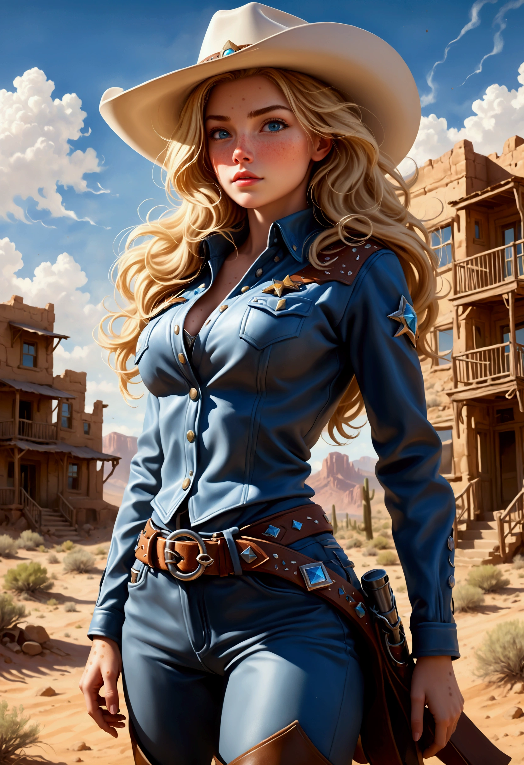 Create a breathtaking, ultra-high-definition image in 16K resolution that captures the adventurous and stylized essence of a Western world realistic photo aesthetic. | Visualize a stunning blonde cowgirl with flowing hair and cute freckles across her cheeks, embodying both strength and grace. She has expressive blue eyes and a natural beauty that shines through her rugged appearance. She is dressed in a stylish yet practical cowgirl outfit, featuring a wide-brimmed hat, a leather jacket with intricate patterns, a belt with a prominent buckle, and sturdy boots. Her attire should blend traditional Western elements with subtle futuristic accents.|The scene is set in a desolate desert town with a few rundown buildings and a vast, arid landscape stretching into the distance. The sky is a brilliant, deep blue with a few wispy clouds, and the harsh sunlight casts long shadows, adding depth and drama to the scene. Dust and tumbleweeds drift across the ground, enhancing the wild and untamed atmosphere.| Capture the cowgirl in a dynamic pose, perhaps with one hand resting on her holstered gun and the other shading her eyes as she gazes into the distance, ready for whatever challenges lie ahead. Her expression should convey a mix of determination and confidence, with a hint of mystery. The camera angle should emphasize her full body, highlighting the details of her outfit and her strong, athletic build. | The overall ambiance should integrate vibrant colors and rich details, creating a sense of depth and immersion in this futuristic Western world. Ensure anatomical correctness, with a focus on ultra-detailed textures and high-quality rendering, capturing every nuance of the cowgirl's appearance and her rugged surroundings. This masterpiece should embody the spirit of adventure and resilience, immersing viewers in its lifelike depiction. | Keywords: (beautiful blonde cowgirl:1.3), ((realistic photo)), ((cute freckles):1.2), ((futuristic Western)), ((dynamic pose)).