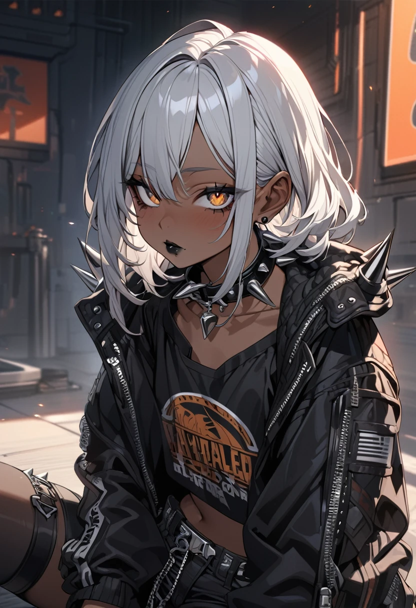 anime girl, white hair, brown skin, black lips, black tights , black shorts, black top shirt, brown eyes, collar on the neck with spikes,detailed eyes, ultra detailed, high quality, teenager,