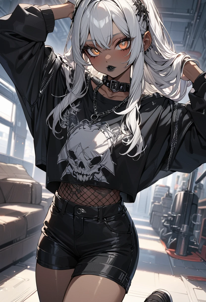 anime girl, white hair, brown skin, black lips, black tights , black shorts, black top shirt, brown eyes, collar on the neck with spikes,detailed eyes, ultra detailed, high quality, ager,