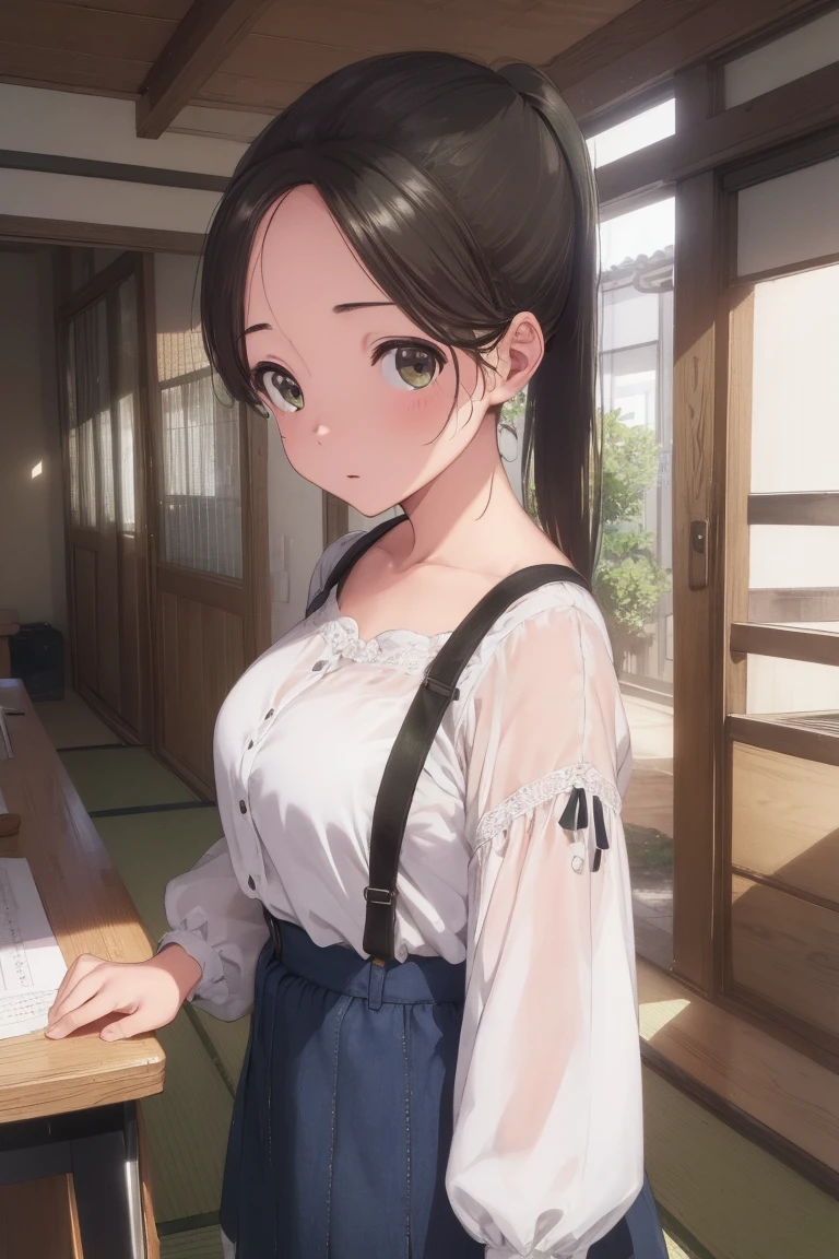 akaneyoshizawa, Akane Yoshizawa, Black Hair, ponytail, (Green Eyes:1.5), Swept-apart bangs, Long Hair, BREAK wearing a white blouse,Japanese_Clothes,just_shoulder,(Closed_Clothes), Take a break indoors, classroom, BREAK Watch Viewers, (Cowboy Shot:1.5),Are standing, Leaning forward, Put your arms behind your back and BREAK (masterpiece:1.2), Highest quality, High resolution,Browsing Caution ,unity 8k wallpaper, (figure:0.8), (Beautiful fine details:1.6), Highly detailed face, Perfect lighting, Highly detailed CG, (Perfect hands, Perfect Anatomy),