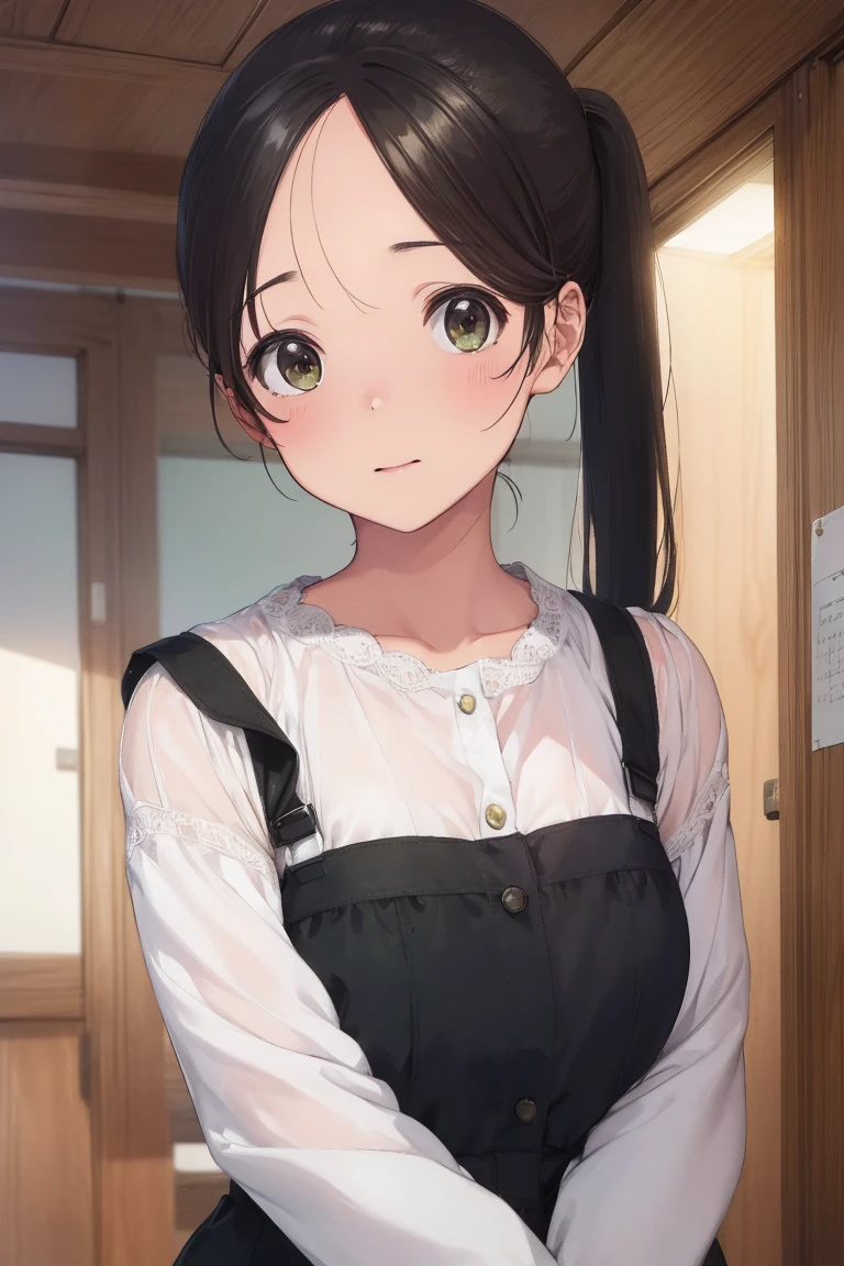 akaneyoshizawa, Akane Yoshizawa, Black Hair, ponytail, (Green Eyes:1.5), Swept-apart bangs, Long Hair, BREAK wearing a white blouse,Japanese_Clothes,just_shoulder,(Closed_Clothes), Take a break indoors, classroom, BREAK Watch Viewers, (Cowboy Shot:1.5),Are standing, Leaning forward, Put your arms behind your back and BREAK (masterpiece:1.2), Highest quality, High resolution,Browsing Caution ,unity 8k wallpaper, (figure:0.8), (Beautiful fine details:1.6), Highly detailed face, Perfect lighting, Highly detailed CG, (Perfect hands, Perfect Anatomy),