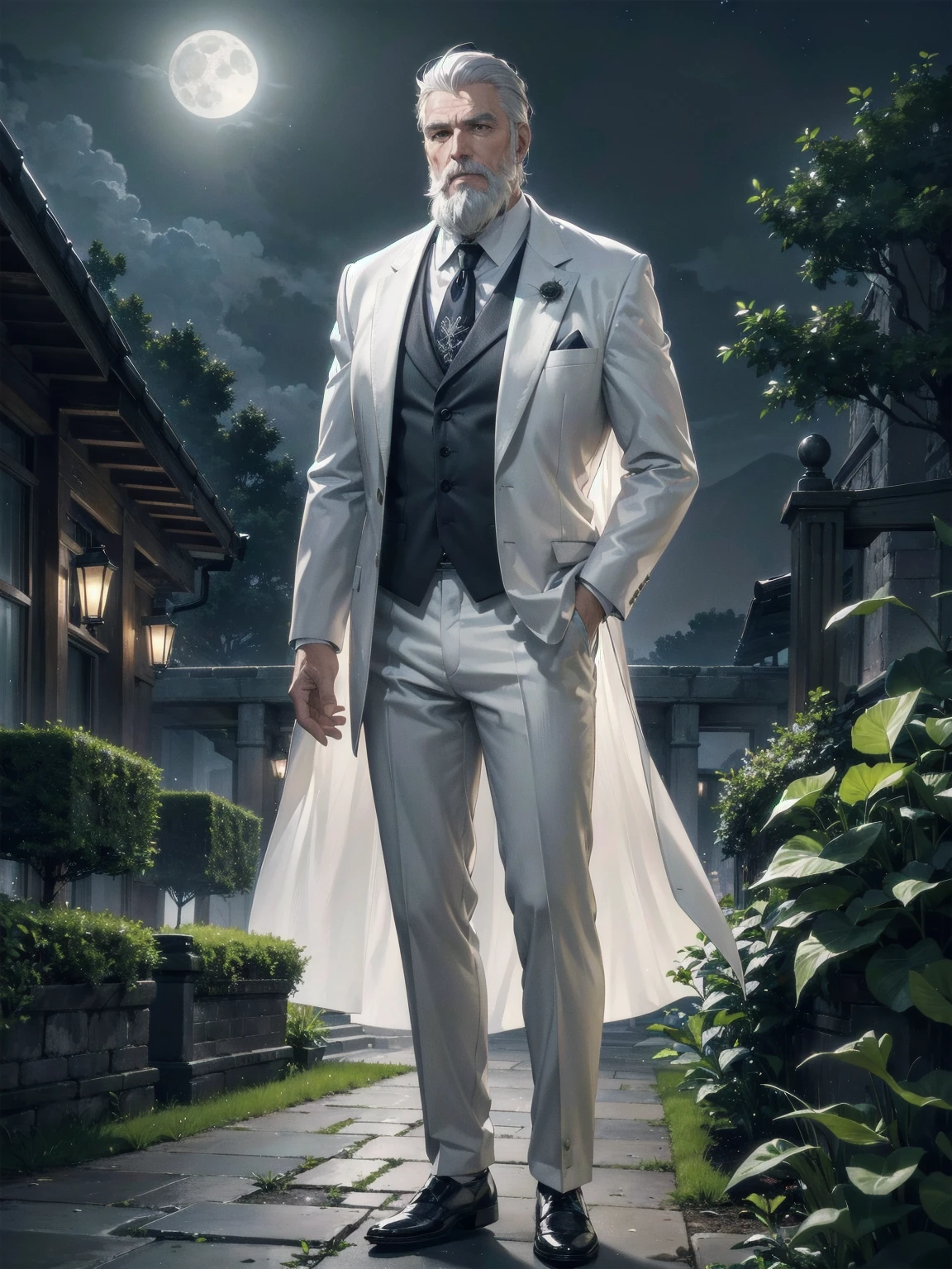 masterpiece, Superior image quality, High resolution, 4k image, An older adult man, tall, delgado, white gray hair, white gray beard, wearing an elegant gray suit, standing, garden background, at night, Moonlight