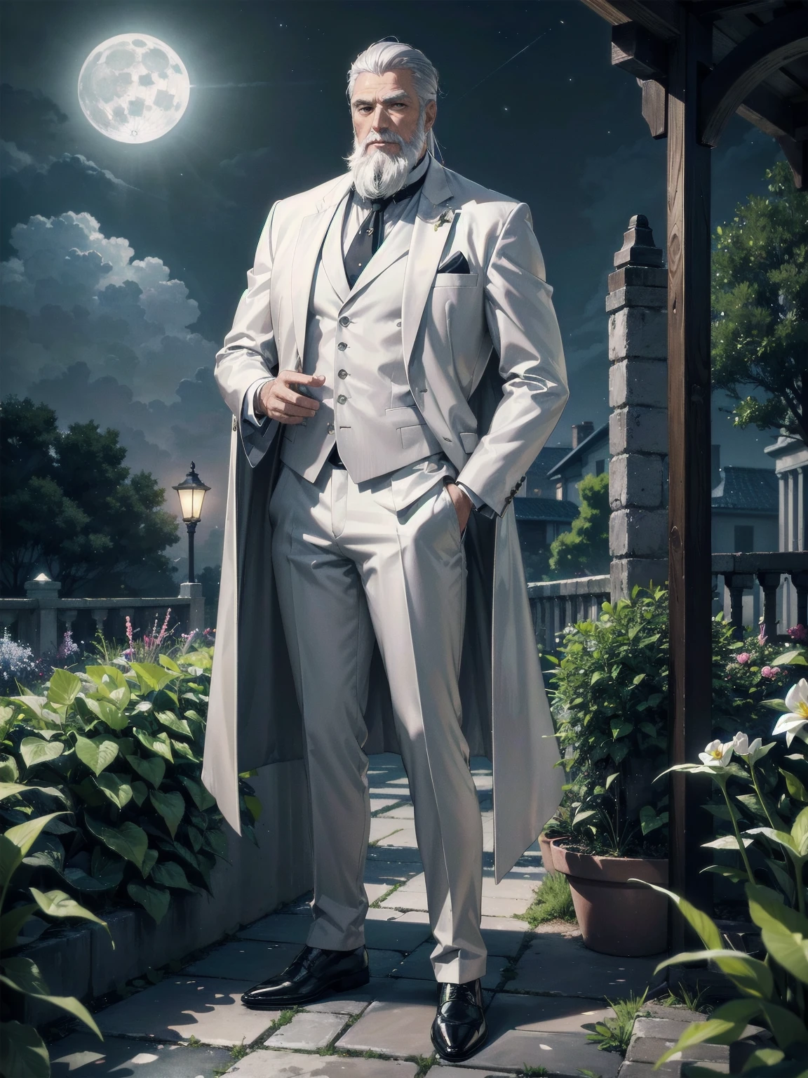 masterpiece, Superior image quality, High resolution, 4k image, An older adult man, tall, delgado, white gray hair, white gray beard, wearing an elegant gray suit, standing, garden background, at night, Moonlight