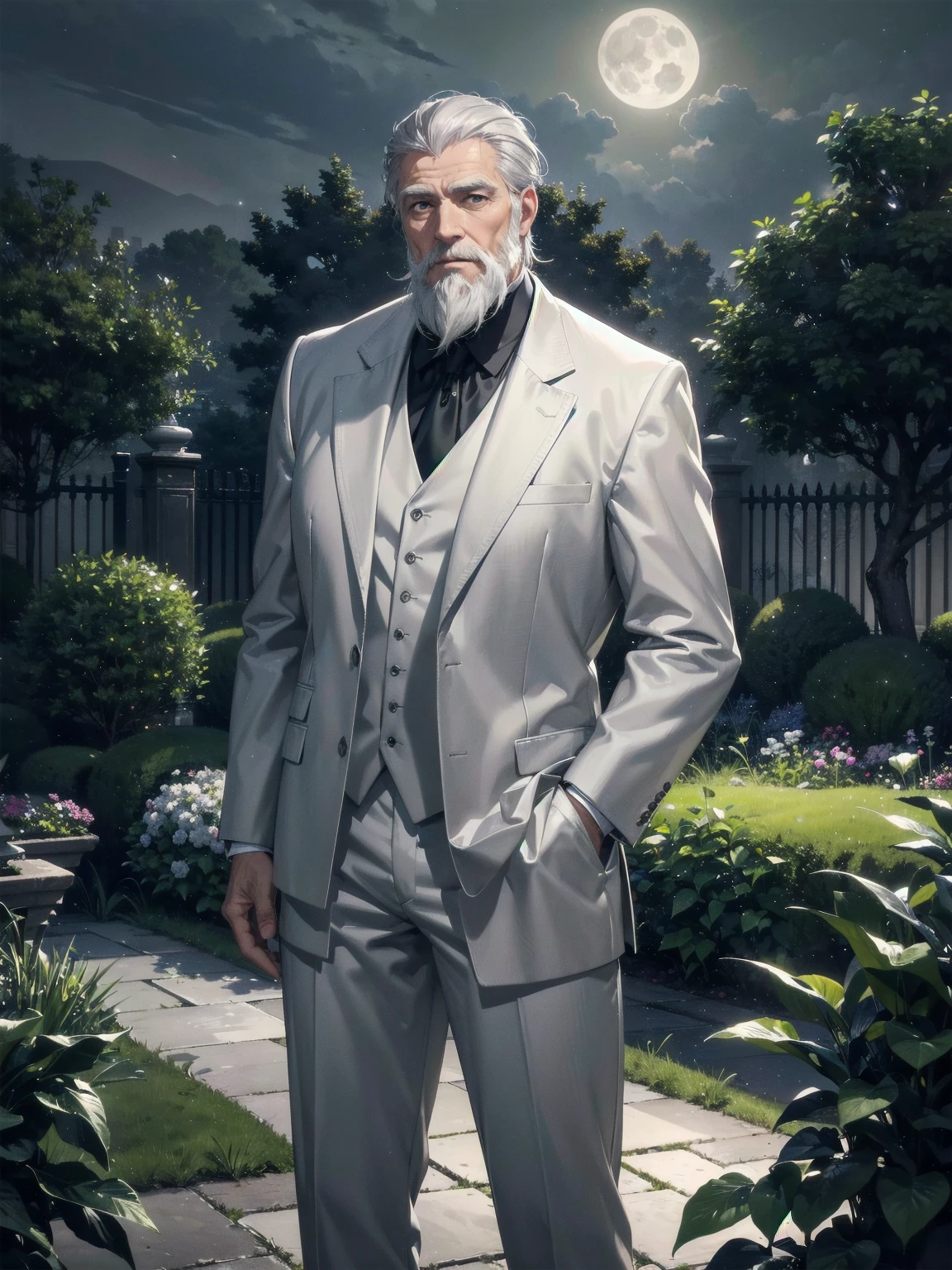 masterpiece, Superior image quality, High resolution, 4k image, An older adult man, tall, delgado, white gray hair, white gray beard, wearing an elegant gray suit, standing, garden background, at night, Moonlight