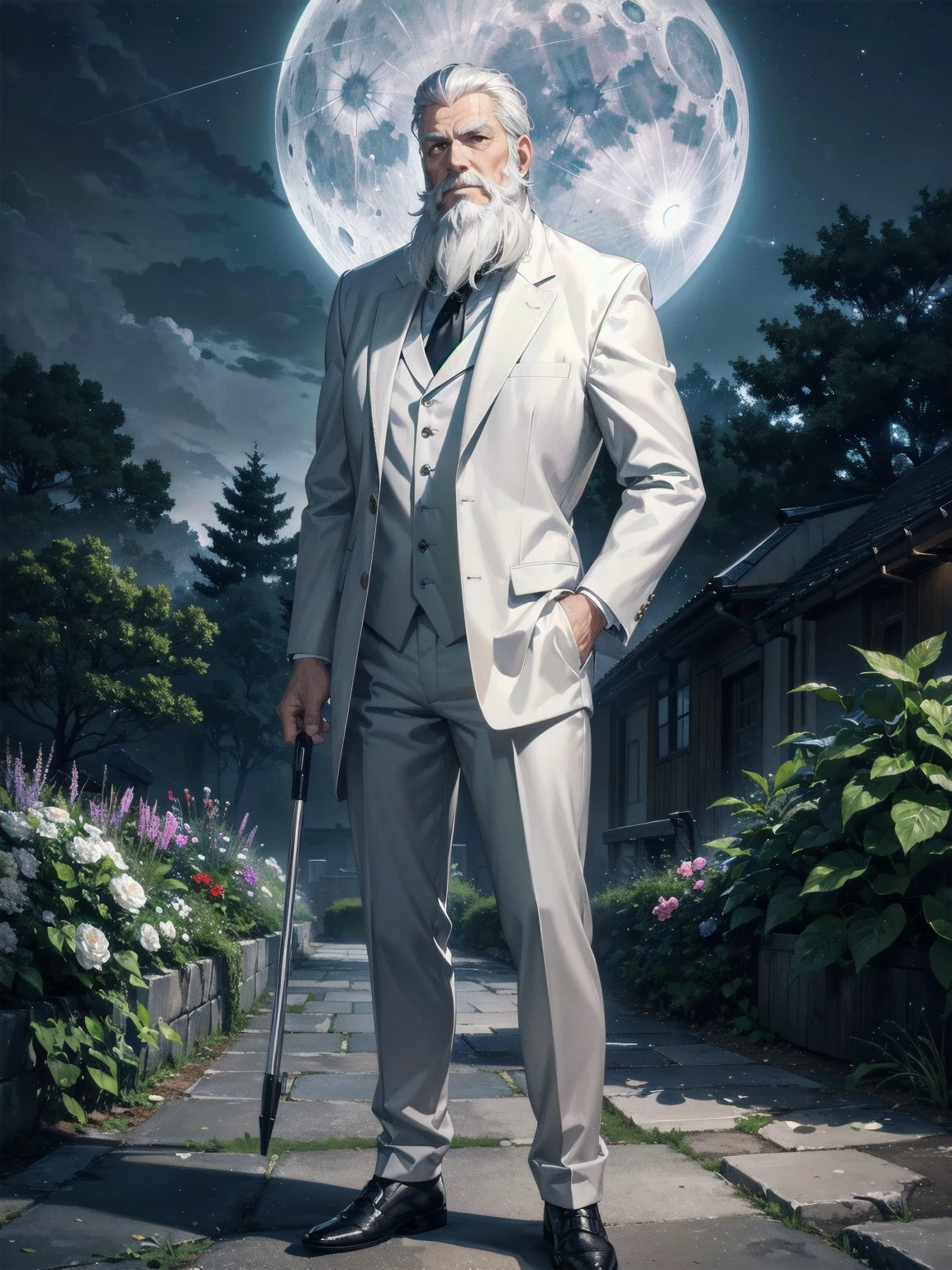 masterpiece, Superior image quality, High resolution, 4k image, An older adult man, tall, delgado, white gray hair, white gray beard, wearing an elegant gray suit, standing, garden background, at night, Moonlight