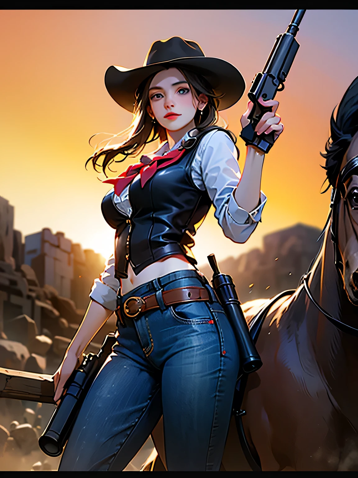 gun, photorealistic, RAW Photos、Realistic、(Super detailed)、(High resolution:1.2)、(masterpiece)、(Highest quality)、8k、Ultra-Details、Back view、(Perfect Anatomy:1.2)、Detailed and beautiful eyes and face、Angle from below、Cowgirl、One girl、Turn around to look at the viewer、(Cowboy hat)、Western Boots、neckerchief、(Leather vest)、(gun belt:1.3)、(Detailed depiction of a revolver:1.2)、rifle、(Gun holster)、jeans、lasso、horse、Western Landscape、(Golden sunset)、Detailed depiction of intricate costumes、(Super hourglass body type)、(Super big breasts pointing upwards:1.3)、(A scene from a western movie)、(Hold the gun grip correctly)、Correct fingers、Leg spread、[[[logic]]]、(Acrobatic Gunfighter Pose)、A confident smile、(Western Geki Bar)、The other cowboys、Concept Art