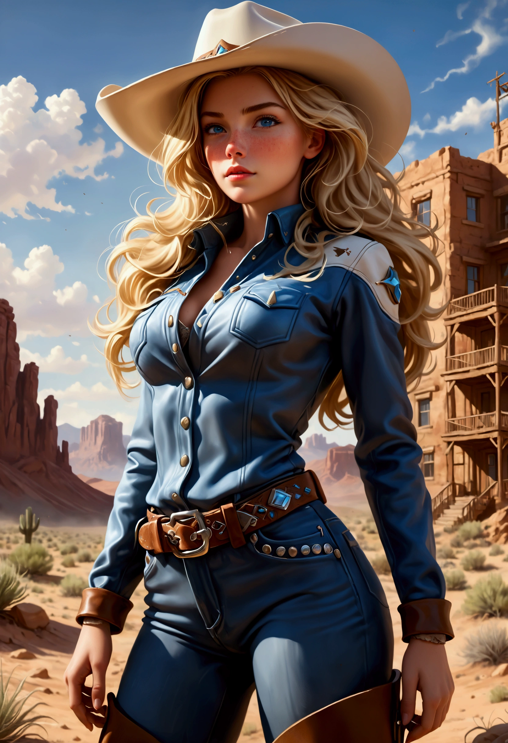 Create a breathtaking, ultra-high-definition image in 16K resolution that captures the adventurous and stylized essence of a Western world realistic photo aesthetic. | Visualize a stunning blonde cowgirl with flowing hair and cute freckles across her cheeks, embodying both strength and grace. She has expressive blue eyes and a natural beauty that shines through her rugged appearance. She is dressed in a stylish yet practical cowgirl outfit, featuring a wide-brimmed hat, a leather jacket with intricate patterns, a belt with a prominent buckle, and sturdy boots. Her attire should blend traditional Western elements with subtle futuristic accents.|The scene is set in a desolate desert town with a few rundown buildings and a vast, arid landscape stretching into the distance. The sky is a brilliant, deep blue with a few wispy clouds, and the harsh sunlight casts long shadows, adding depth and drama to the scene. Dust and tumbleweeds drift across the ground, enhancing the wild and untamed atmosphere.| Capture the cowgirl in a dynamic pose, perhaps with one hand resting on her holstered gun and the other shading her eyes as she gazes into the distance, ready for whatever challenges lie ahead. Her expression should convey a mix of determination and confidence, with a hint of mystery. The camera angle should emphasize her full body, highlighting the details of her outfit and her strong, athletic build. | The overall ambiance should integrate vibrant colors and rich details, creating a sense of depth and immersion in this futuristic Western world. Ensure anatomical correctness, with a focus on ultra-detailed textures and high-quality rendering, capturing every nuance of the cowgirl's appearance and her rugged surroundings. This masterpiece should embody the spirit of adventure and resilience, immersing viewers in its lifelike depiction. | Keywords: (beautiful blonde cowgirl:1.3), ((realistic photo)), ((cute freckles):1.2), ((futuristic Western)), ((dynamic pose)).