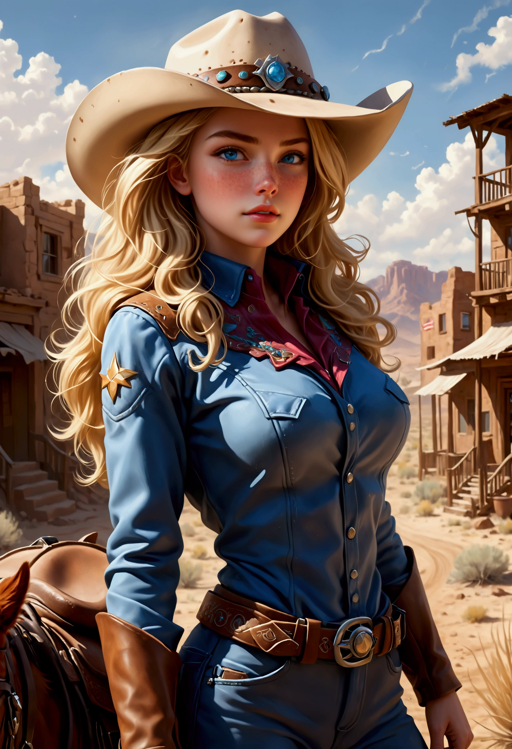 Create a breathtaking, ultra-high-definition image in 16K resolution that captures the adventurous and stylized essence of a Western world realistic photo aesthetic. | Visualize a stunning blonde cowgirl with flowing hair and cute freckles across her cheeks, embodying both strength and grace. She has expressive blue eyes and a natural beauty that shines through her rugged appearance. She is dressed in a stylish yet practical cowgirl outfit, featuring a wide-brimmed hat, a leather jacket with intricate patterns, a belt with a prominent buckle, and sturdy boots. Her attire should blend traditional Western elements with subtle futuristic accents.|The scene is set in a desolate desert town with a few rundown buildings and a vast, arid landscape stretching into the distance. The sky is a brilliant, deep blue with a few wispy clouds, and the harsh sunlight casts long shadows, adding depth and drama to the scene. Dust and tumbleweeds drift across the ground, enhancing the wild and untamed atmosphere.| Capture the cowgirl in a dynamic pose, perhaps with one hand resting on her holstered gun and the other shading her eyes as she gazes into the distance, ready for whatever challenges lie ahead. Her expression should convey a mix of determination and confidence, with a hint of mystery. The camera angle should emphasize her full body, highlighting the details of her outfit and her strong, athletic build. | The overall ambiance should integrate vibrant colors and rich details, creating a sense of depth and immersion in this futuristic Western world. Ensure anatomical correctness, with a focus on ultra-detailed textures and high-quality rendering, capturing every nuance of the cowgirl's appearance and her rugged surroundings. This masterpiece should embody the spirit of adventure and resilience, immersing viewers in its lifelike depiction. | Keywords: (beautiful blonde cowgirl:1.3), ((realistic photo)), ((cute freckles):1.2), ((futuristic Western)), ((dynamic pose)).