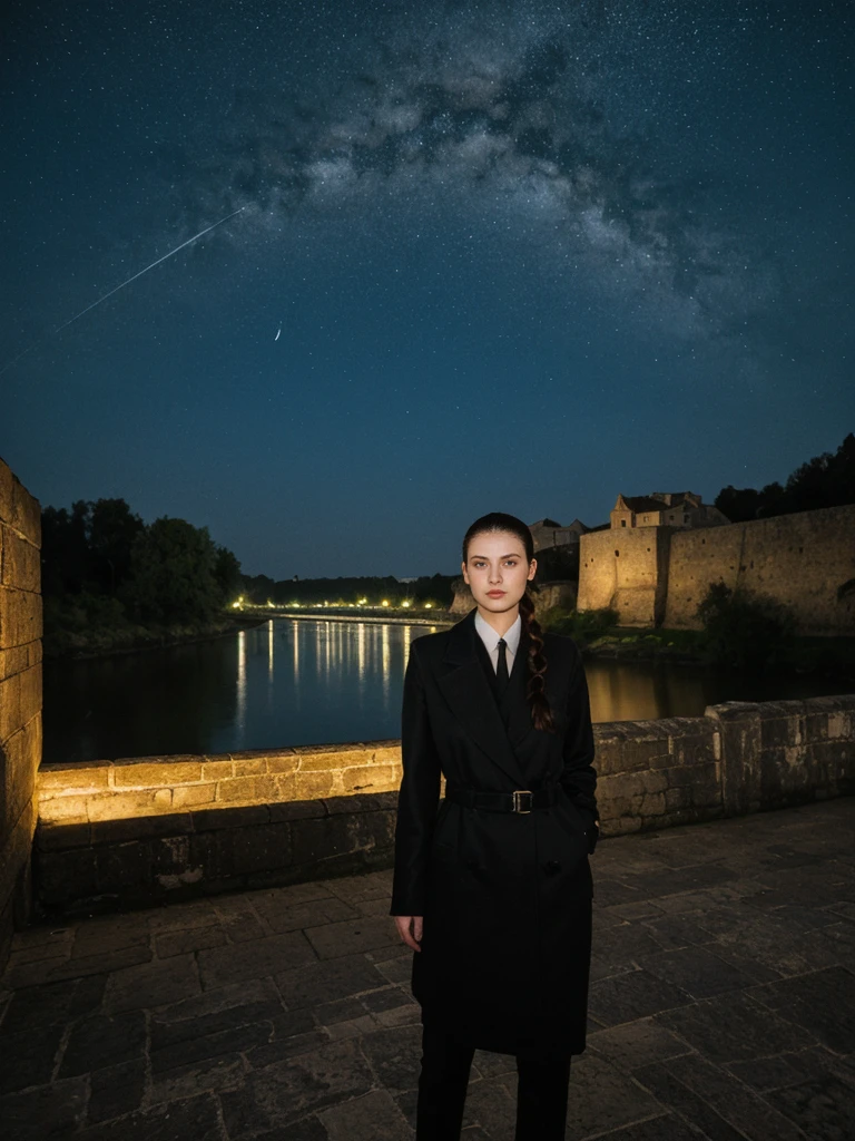 her name is Amelie, high quality, 1girl, ((25-year-old fit Caucasian woman)), ((25 years old)), ((BODY TYPE: HOURGLASS)), ((Slicked-Back Ponytail hair)), pose: STANDING, wearing Ultra-modern Popular Generation-Z modern wear VARIETY colored, BACKGROUND: "In the Grund district, with its scenic river and ancient fortifications illuminated against the night sky."