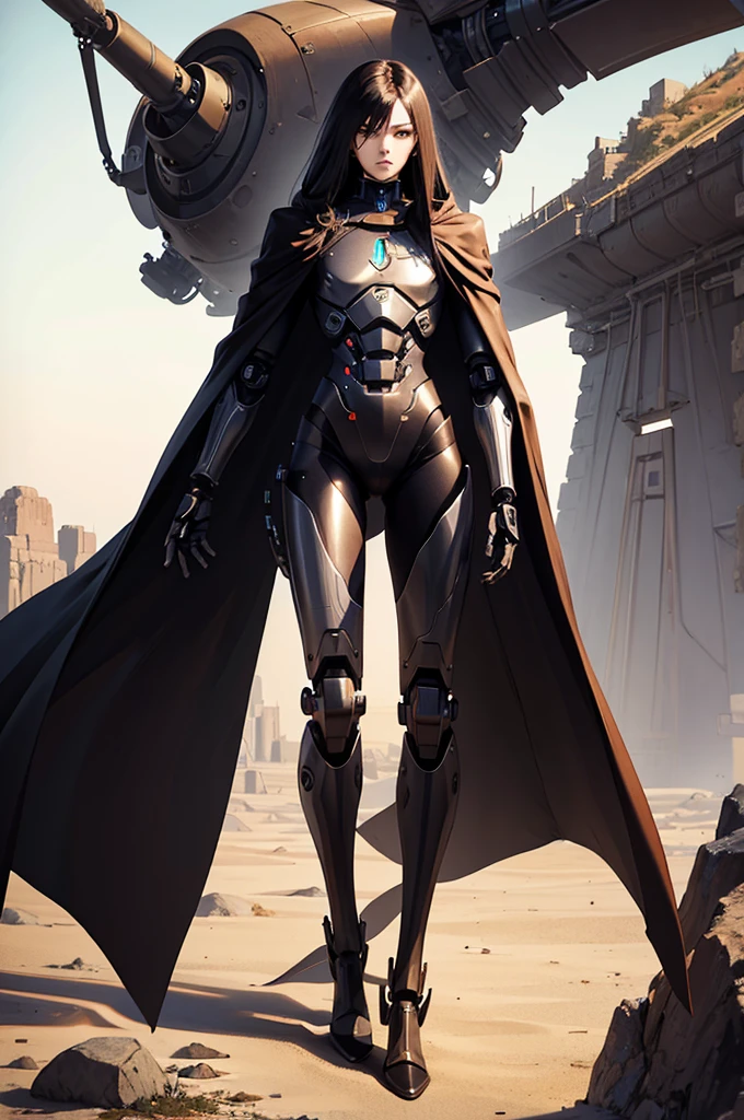 masterpiece, fullbody, anime, futuristic, black, android, age, (long hair), boy, cyborg, slim body, robotic body, fully mechanical parts, (brown cloak), desert