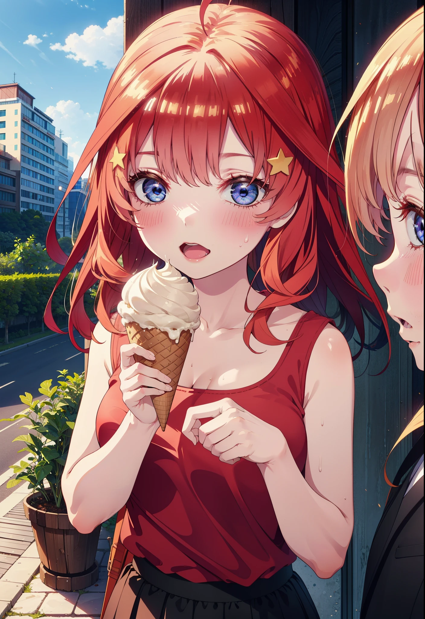 itsukinakano, Itsuki Nakano, bangs, blue eyes, Long Hair,Hair between the eyes, Ahoge, Redhead, star \(symbol\), hair ornaments, star hair ornaments,ハイビスカスのhair ornaments,Red Tank Top,Long skirt,Heeled Sandals,Walking,smile,blush,Open your mouth,Eating ice cream,Holding ice cream in one hand,whole bodyがイラストに入るように,Palm tree,True Summer,Clear skies,
break outdoors,Building district,tropical,
break looking at viewer,whole body ,
break (masterpiece:1.2), Highest quality, High resolution, unity 8k wallpaper, (figure:0.8), (Beautiful attention to detail:1.6), Highly detailed face, Perfect lighting, Highly detailed CG, (Perfect hands, Perfect Anatomy),