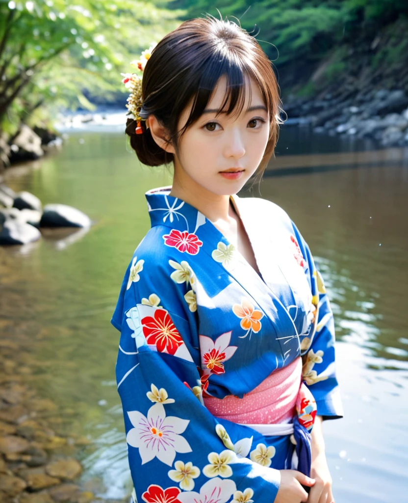 Cool off by the river in a yukata、Japanese women、、Open chest