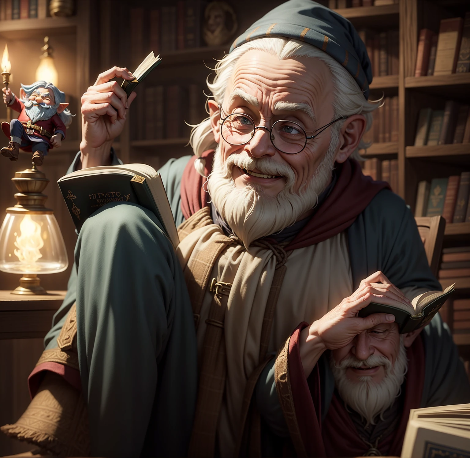 harry potter character filios flitwick, smiling, gnome, old, by white, calvo, reading a book, books in the background