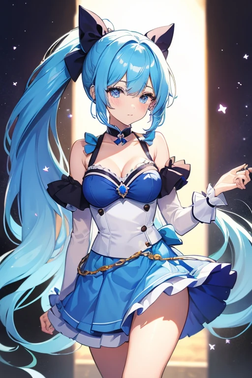 Magical girl with blue hair and indigo eyes, with her hair in a medium ponytail