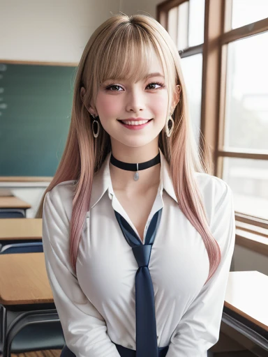 Mix 4, (8k, RAW Photos, Highest quality, masterpiece: 1.45), (Realistic, photoRealistic: 1.37), kitagawa marin,  (Blonde, Pink gradient hair), ((Long Hair, Sink bangs,Colorful Hair, Red eyes)),Pose like a model,((A bold pose with a bent forward stance))、(Sit with your legs wide apart:1.3)、Japanese women, 16 years old,high School student、Model body type, (Big Breasts:1.3), Narrow waist, Beautiful Face, Beautiful Eyes, , jewelry,Earrings, White shirt, Shirt with tie, Black choker,  Blue tie, Checked skirt,  Grin, smile, Are standing, Cowboy Shot, inside the School、classroom、Sitting in a chair、hight School, 1 girl, alone, Detailed face and eyes, Upper body photo. Realistic, Realistic.Marin Gyaru,School_uniform