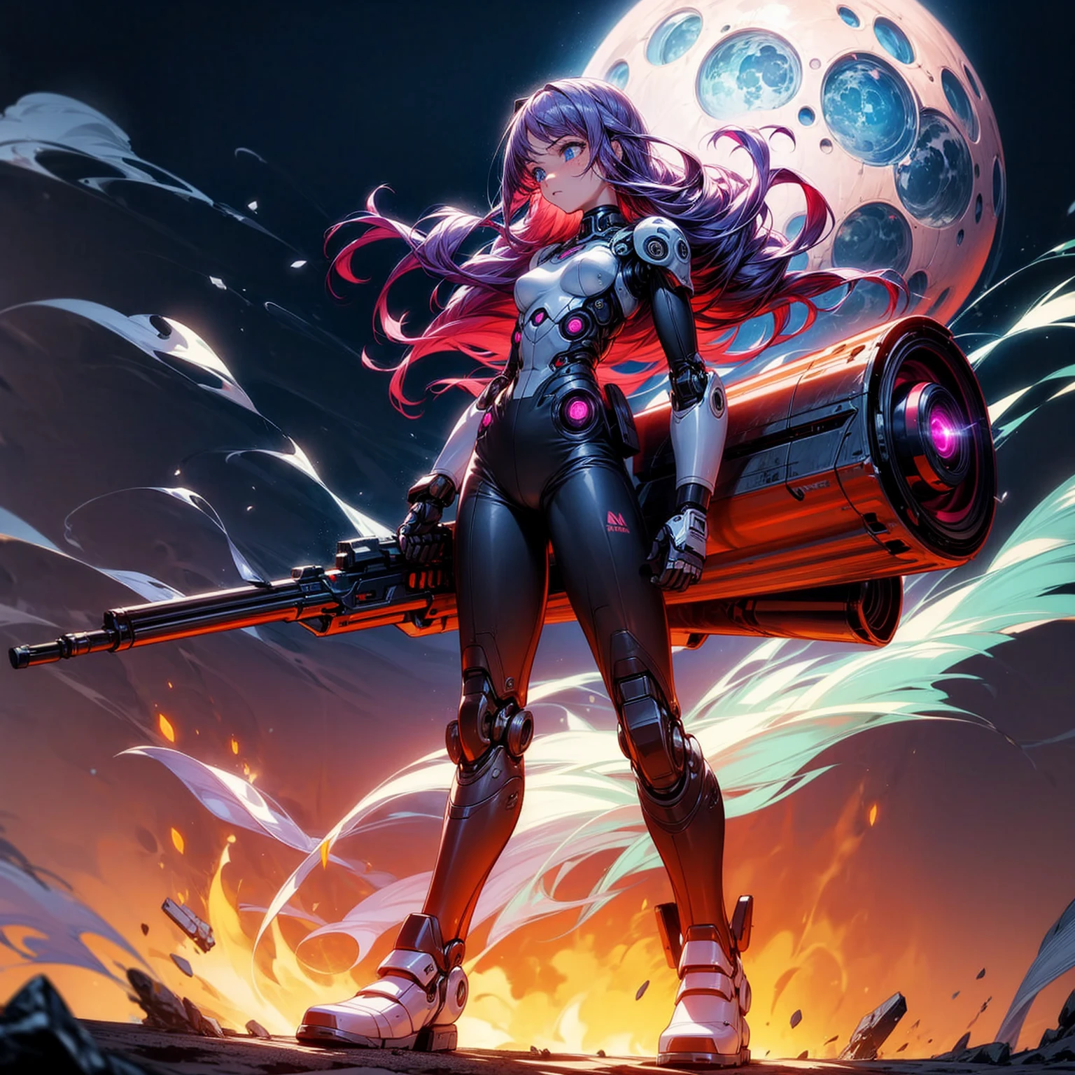 Ultra detailed, full background, Full body version, Grassroots, background in field, (solo, girl, cyborg, blue eyes, sad eyes, magenta color hair, long hair, pants, Boots), standing gesture, hand turns into a shotgun, low angle view, full body robotic, smoke effect, fire effect, lighting on shotgun, Red laser, largest robotic shotgun, moon, Moonlight, The whole body is fully robotic