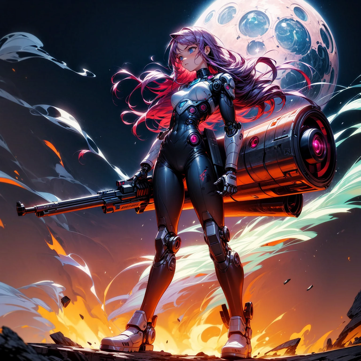 Ultra detailed, full background, Full body version, Grassroots, background in field, (solo, girl, cyborg, blue eyes, sad eyes, magenta color hair, long hair, pants, Boots), standing gesture, hand turns into a shotgun, low angle view, full body robotic, smoke effect, fire effect, lighting on shotgun, Red laser, largest robotic shotgun, moon, Moonlight, The whole body is fully robotic