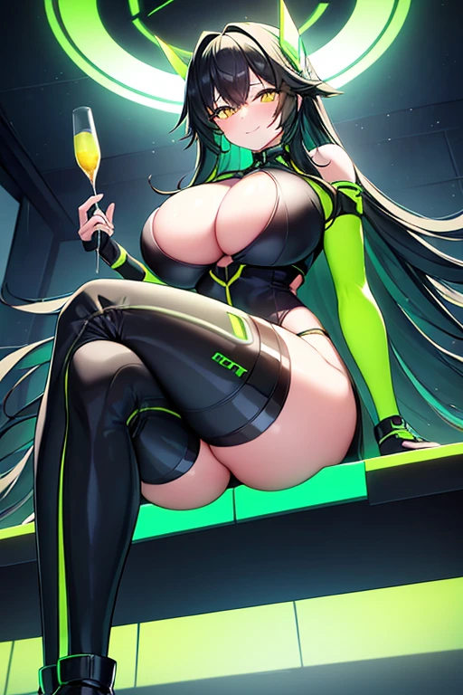 1girl, large breasts, thick thighs, yellow eyes, wide hips, (black hair), colored inner hair, (colored inner hair), green hair, smile, long hair, black bodysuit, bodysuit, bare legs, shoes, green trim, science-fiction, futuristic, neon, tech, neon lights, neon trim, machinery, sitting, crossed legs, (ass), ass, cleavage cutout, cleavage