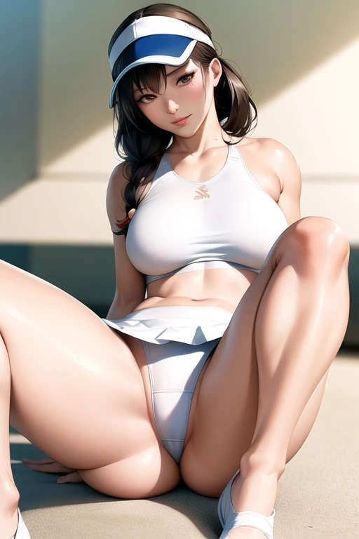 Photo Info: Best quality, Highly detailed, Masterpiece, 1girl, solo, HD anime wallpaper, 8k wallpaper, ultra high res, full body portrait, close up, anatomically correct, fullbody facing the front, looking at viewer, ((Smooth texture:0.75, Realistic texture:0.65, Realistic:1.1, Anime CG Style)).Body: beautiful woman, mature woman, asian woman, perfect body, natural skin texture, fine face and eyes, closed mouth, full lips, seductive smile, large breasts, slim, narrow waist, wide hips, huge ass, beautiful legs. Outfit: white tennis apparel, tennis skirt, tennis visor, high-ponytail, thong. Pose: Spread legs.