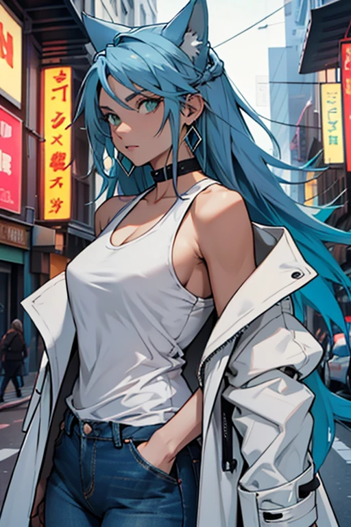 woman, long hair, blue hair, green eyes, wears a top, white top, over the tank top she wears a ziber coat that is half thrown down showing her two shoulders and one, color coat gray, wear jeans, wear earrings in her ears, make the color of her clothes match the color of her hair, the scenery is bright lights with a medium dark tone in the city