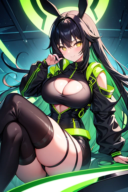 1girl, large breasts, thick thighs, yellow eyes, wide hips, (black hair), colored inner hair, (colored inner hair), green hair, smile, long hair, black bodysuit, bodysuit, bare legs, shoes, green trim, science-fiction, futuristic, neon, tech, neon lights, neon trim, machinery, sitting, crossed legs, (ass), ass, cleavage cutout, cleavage