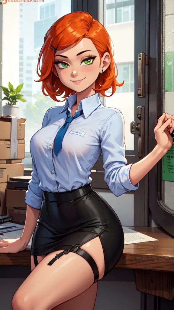 1 girl, masterpiece, best quality, highres, ro1, Misty from pokemon, green eyes, half-closed eyes, spectacles), a come-hither face, smirk , parted lips, nose blush, blush, facing viewer, looking at viewer, solo, business suits, business jacket, black jacket, white y-shirts(buttons), pleats skirt, black leather skirt, black leather thighhighs, in the classroom, night time, sitting, sitting on desk, spread legs, black silk panties, come-on, lure, Sexy waist teasing, , from_below , full body, soft breasts, breasts exposed, unbuttoned shirt, belly exposed