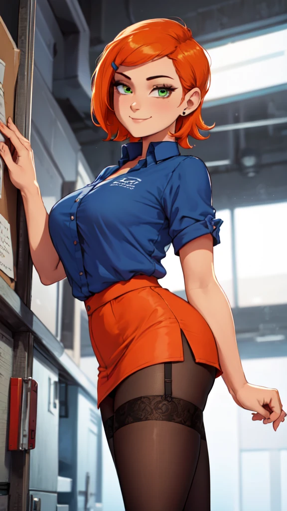 1 girl,(solo), (cowboy shot:1.3), (masterpiece:1.2), (high quality:1.0),looking at viewer, (ultra detailed),smile,short orange hair, green eyes, Gwen Tennyson, secretary clothes,tight skirt, garter belt tights, at work, curvy,from behind, butt,