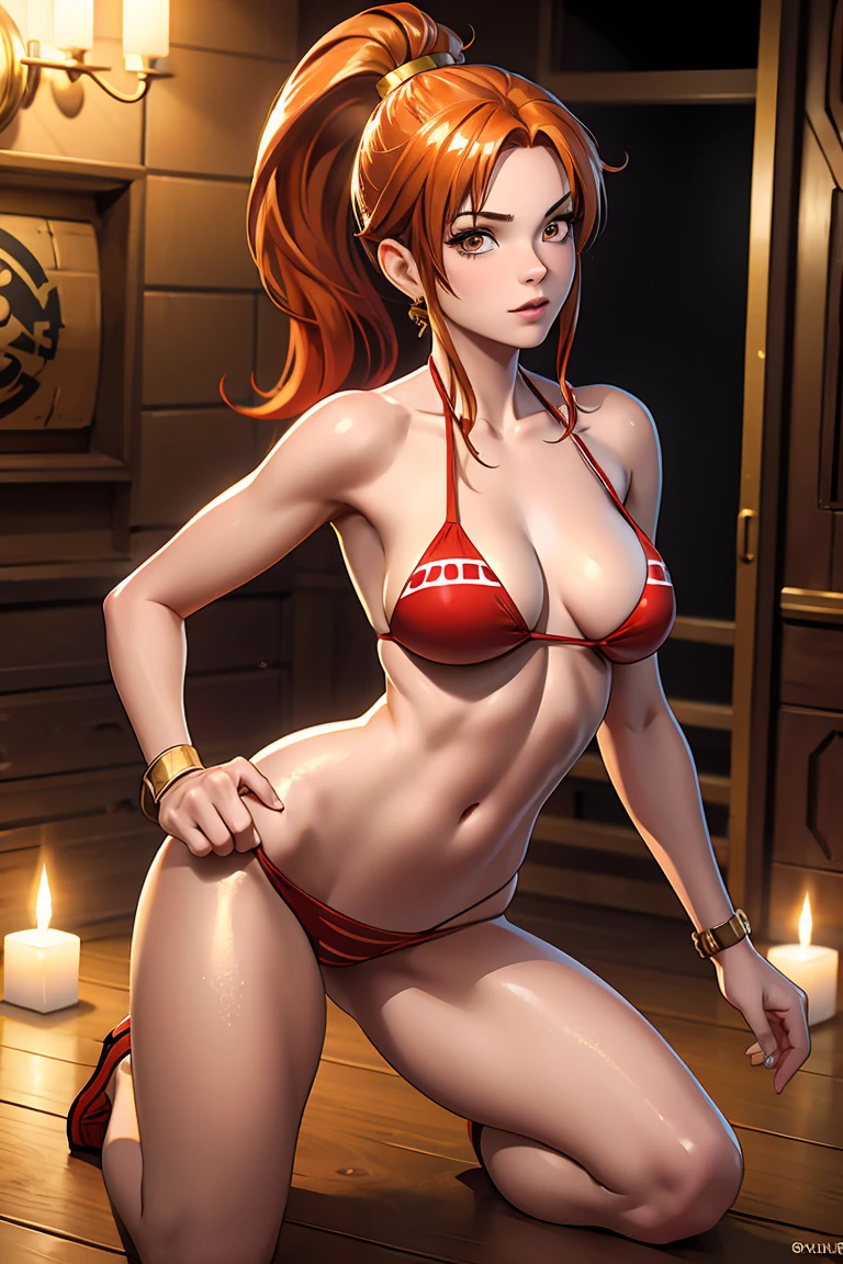 Gold eyes, Masterpiece, Best Quality, 8K, Photographic Reality, Realistic, Octane Rendering, (Red Hair in Ponytail) bikini, (Gold Eyes), (Fit, Athletic, slim)(Small Breasts), long hair, pirate outfit, full body shot