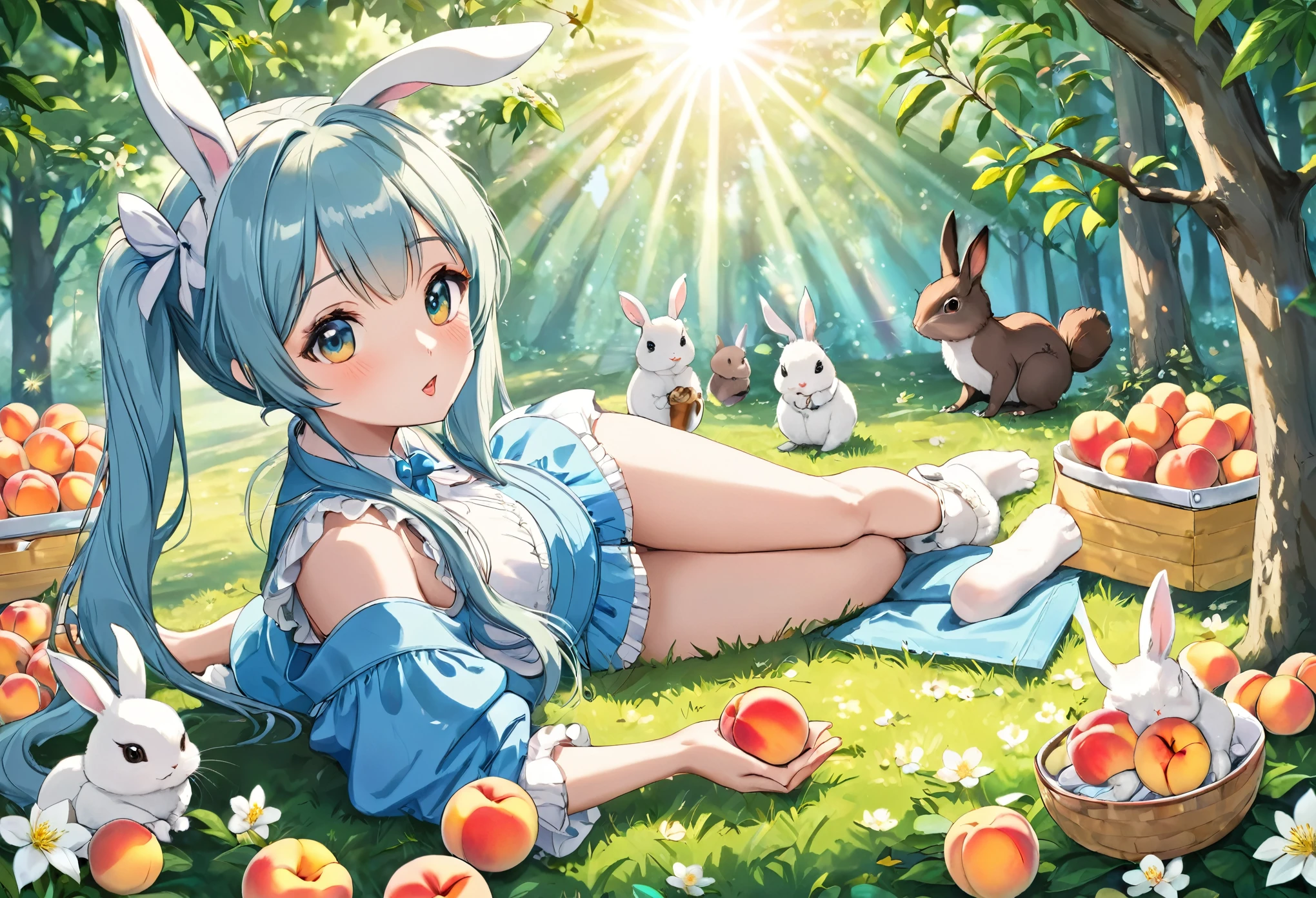 ((Highest quality)), ((masterpiece)), ((Ultra-detailed)), (Very delicate and beautiful), Light blue long hair、Beautiful girl with twin tails、Alice in Wonderland、Bunny ears、Bright Forest、Sunlight filtering through the trees、A lot of peaches on a peach tree、Flowers at your feet々are blooming in abundance、The forest friends are watching the girl、Cute squirrels and rabbits also appear、Eating peaches with my forest friends