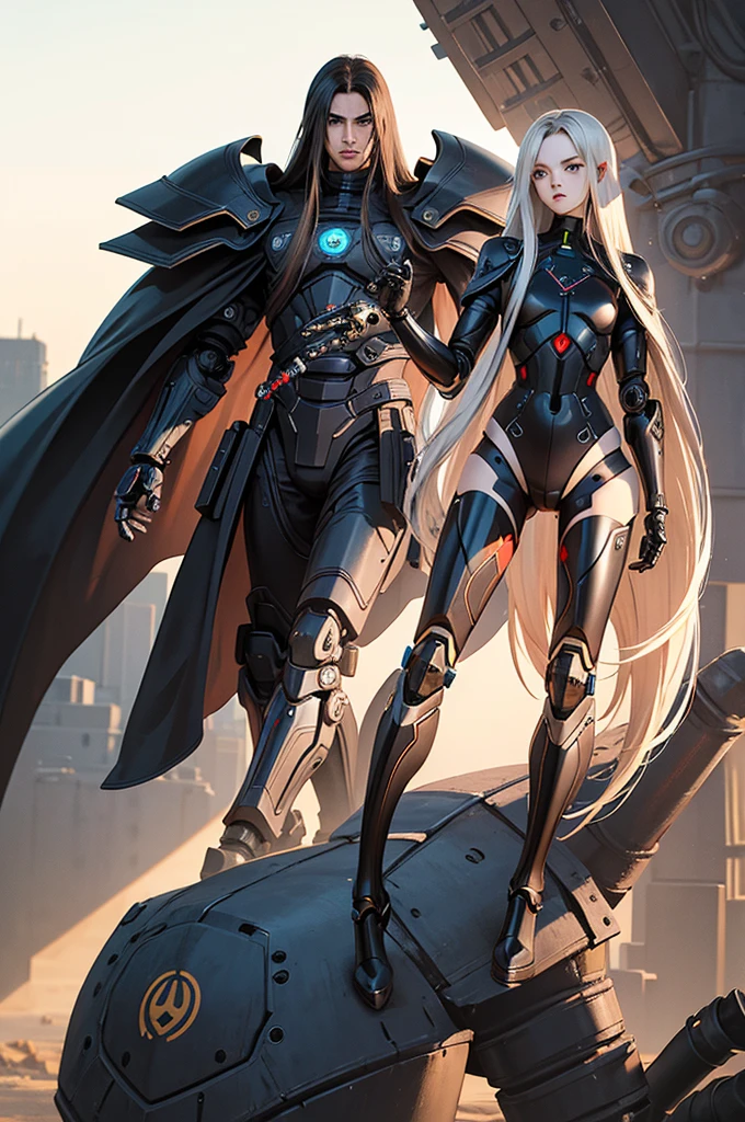 masterpiece, fullbody, anime, futuristic, android, age, (long hair), middle part hair, boy, cyborg, slim body, robotic body, black armor, fully mechanical parts, (brown cloak), desert