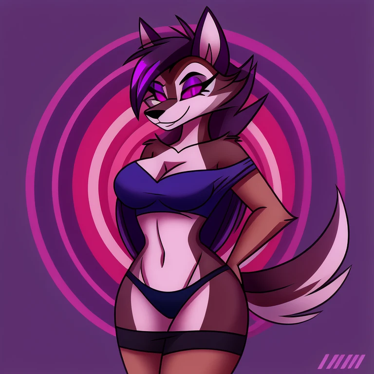(masterpiece, best quality:1.2), Vortex hellhound, female feminine wolf, furry, brown fur, helluva boss, she wears a blue crop, and black short, hypnotized with completely spyral glowing purple eyes with no irises or pupils, undressing, full body image