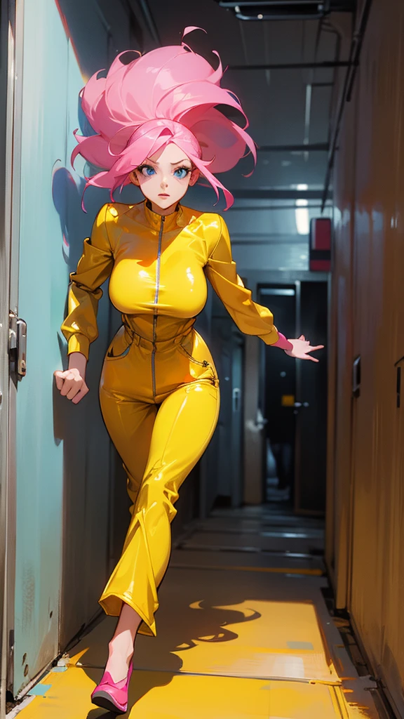 Mature woman running away from a robot, big pink hair, shining blue eyes, wearing a mustard yellow jumpsuit, breasts big, looking 35 years old, eye on the spectator, Look to the camera, , the background is a dark corridor, Hands on waist