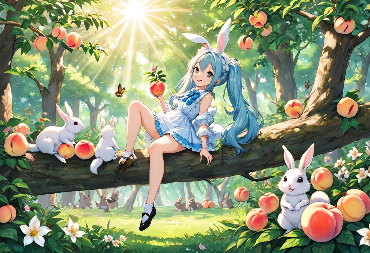 ((Highest quality)), ((masterpiece)), ((Ultra-detailed)), (Very delicate and beautiful), Light blue long hair、Beautiful girl with twin tails、Alice in Wonderland、Bunny ears、Bright smile、Bright Forest、Sunlight filtering through the trees、A lot of peaches on a peach tree、Flowers at your feet々are blooming in abundance、The forest friends are watching the girl、Cute squirrels and rabbits also appear、Eating peaches with my forest friends