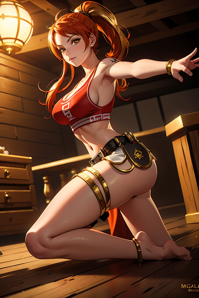 Gold eyes, Masterpiece, Best Quality, 8K, Photographic Reality, Realistic, Octane Rendering, (Red Hair in Ponytail), (Gold Eyes), (Fit, Athletic, slim)(Small Breasts), long hair, pirate outfit, full body shot