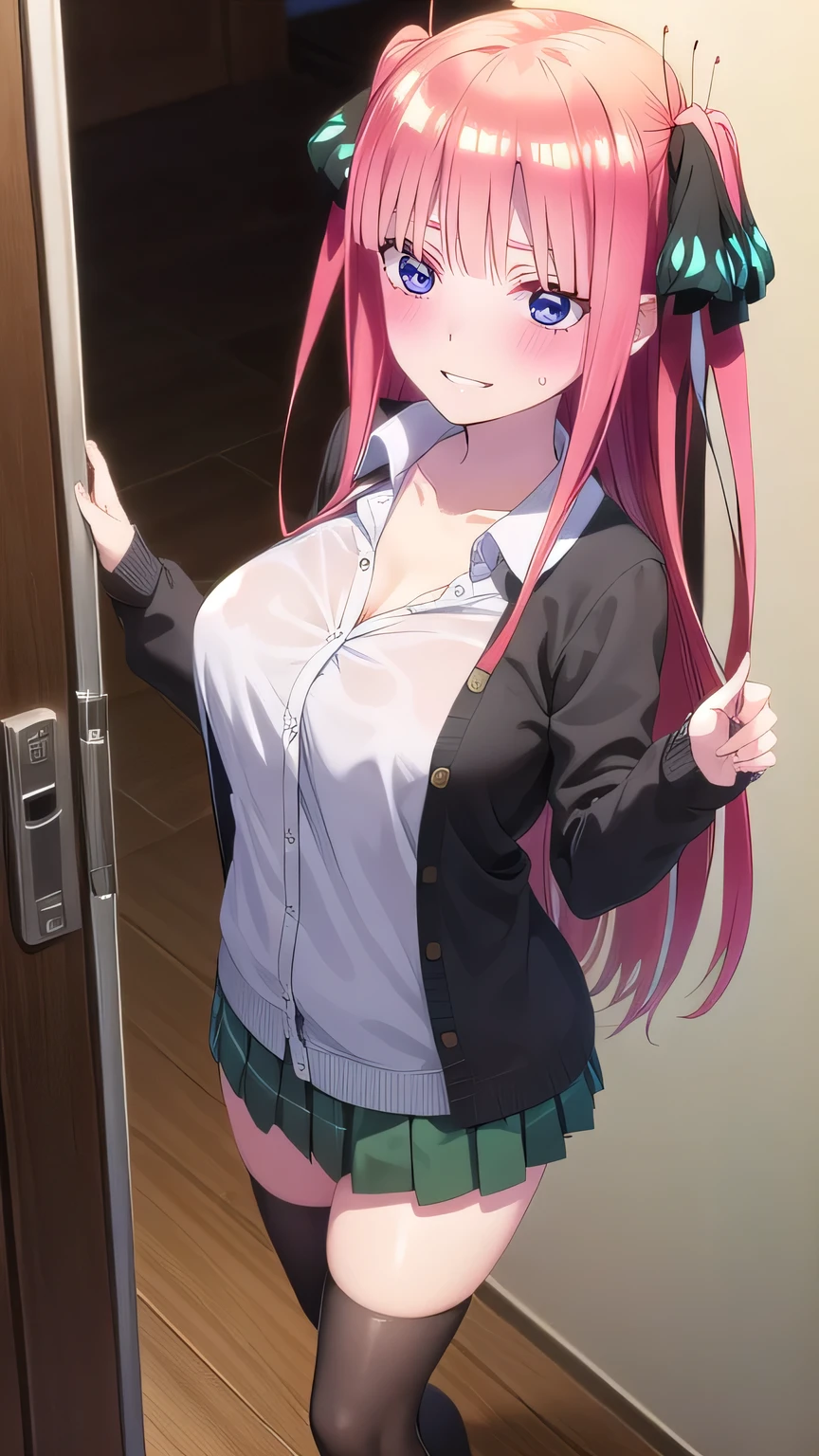 front view detailed body, long belly , Slender body, tight body , thicc, large breast, breast, long thighs, masterpiece, lomng hair, verylong hair, ninonakano, nino nakano, long hair, bangs, blue eyes, hair ornament, hair ribbon, pink hair, blunt bangs, two side up, butterfly hair ornament,hair_between_eyes, very_long_hair, cowboy shot, front shot, looking at viewer, gyaru, nakano_nino, 1girl, butterfly_hair_ornament, bangs, green_skirt, hair_ornament, blue_eyes, thighhighs, skirt, shirt, white_shirt, pink_hair, blunt_bangs, ribbon, breasts, black_ribbon, looking_at_viewer, cardigan, large_breasts, open cardigan, black_cardigan, blush, open_clothes, white_thighhighs, smile, zettai_ryouiki, solo, collarbone, pleated_skirt, open_mouth, from_above, indoors, v-shaped_eyebrows, twintails, school_uniform, hair_ribbon, long_hair, collared_shirt, long_sleeves, Beautiful Finger,Beautiful long legs,Beautiful body,Beautiful Nose,Beautiful character design, perfect eyes, perfect face,expressive eyes, looking at viewer,(Full_body),(Focus on her face), official art,extremely detailed CG unity 8k wallpaper, perfect lighting,Colorful, Bright_Front_face_Lighting,shiny skin, (masterpiece:1.0),(best_quality:1.0), ultra high res,4K,ultra-detailed, photography, 8K, HDR, highres, absurdres:1.2, Kodak portra 400, film grain, blurry background, bokeh:1.2, lens flare, (vibrant_color:1.2) (Beautiful,large_Breasts:1.4), (beautiful_face:1.5),(narrow_waist), facing the viewer