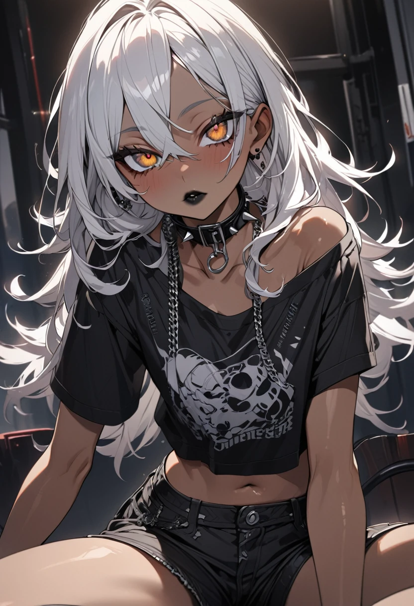 anime girl, white hair, brown skin, black lips, black tights , black shorts, black top shirt, brown eyes, collar on the neck with spikes,detailed eyes, ultra detailed, high quality, ager,