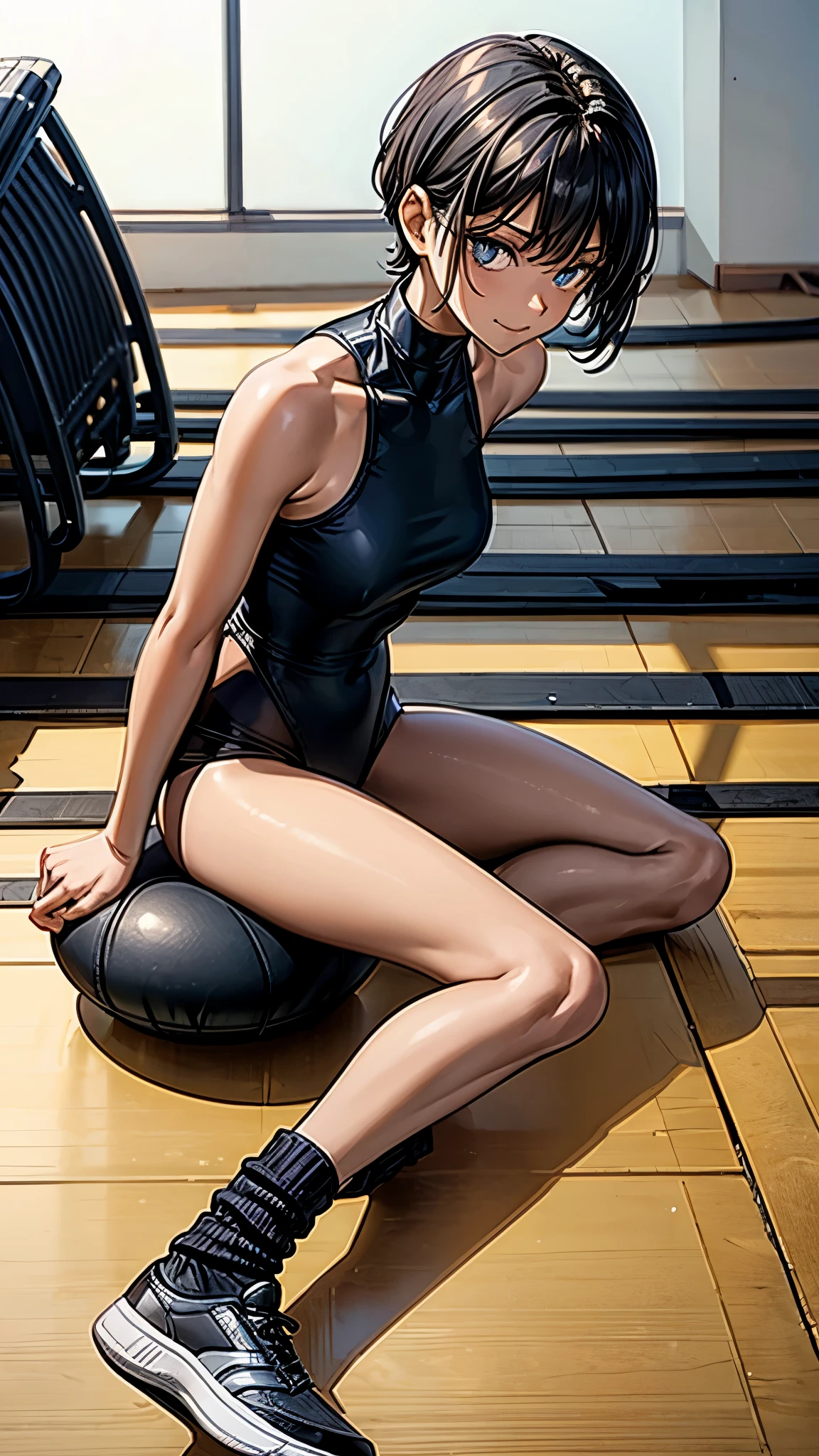 ((From above2.0,from side)),((Face focus2.0)),,Inside the sports gym,inside the dance studio,((sitting,extend her left leg)),One s old girl,sweat,(dark skin color),short black hair,seductive smile,high-neck-leotard,((loose socks2.0)),((loose socks2.0)),sneaker,elbow pads,knee pads.