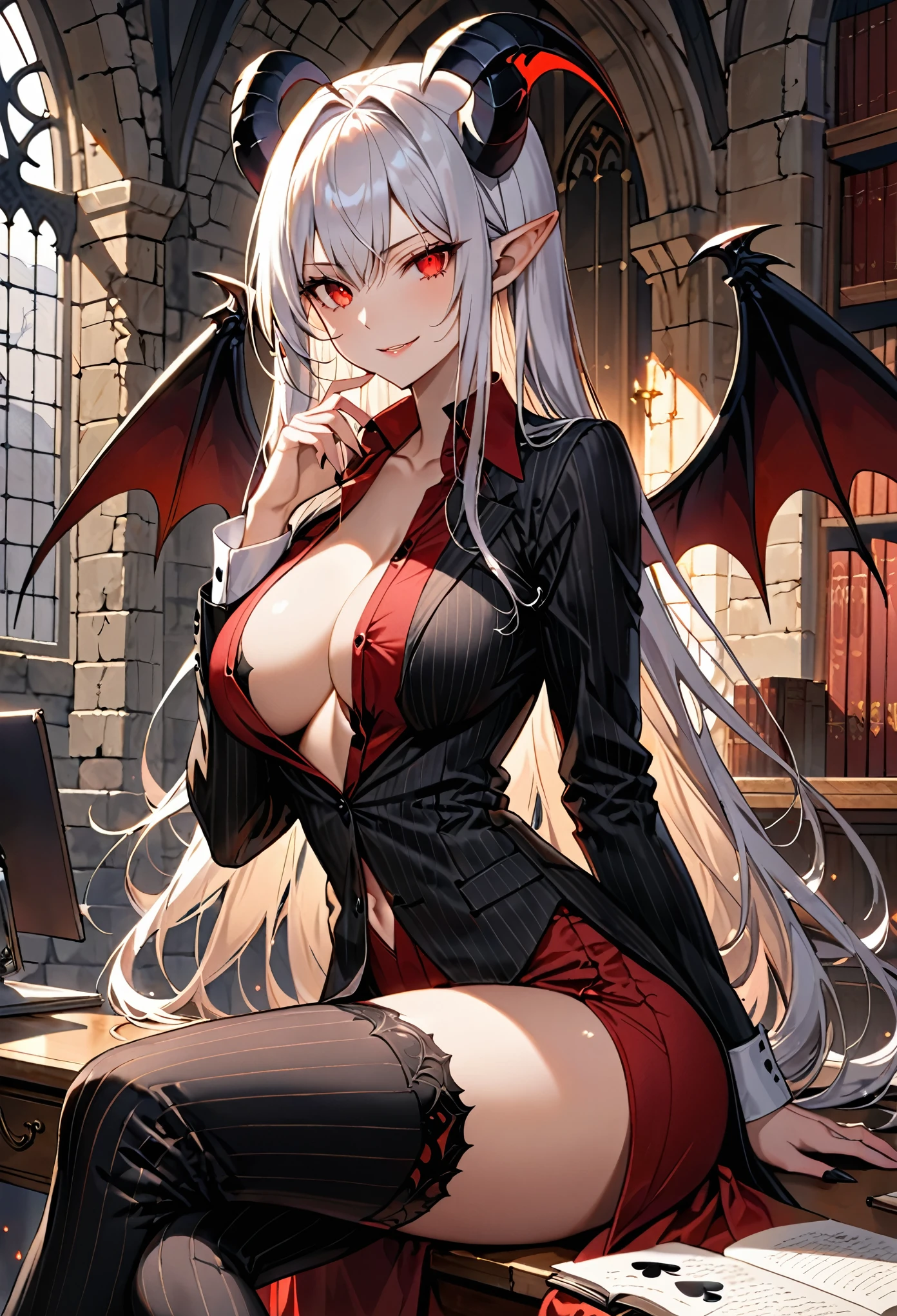 solo, female, long white hair, straight hair, black goat horns, short pointed ears, red eyes, slit pupils, large breasts, tall, medieval, black business suit, red dress shirt, spade tail, black demon wings, pinstripe suit, succubus, unbuttoned shirt, smirk, seductive, luxurious, study room, sitting on desk, curvaceous, warm, holding chin, intimate atmosphere