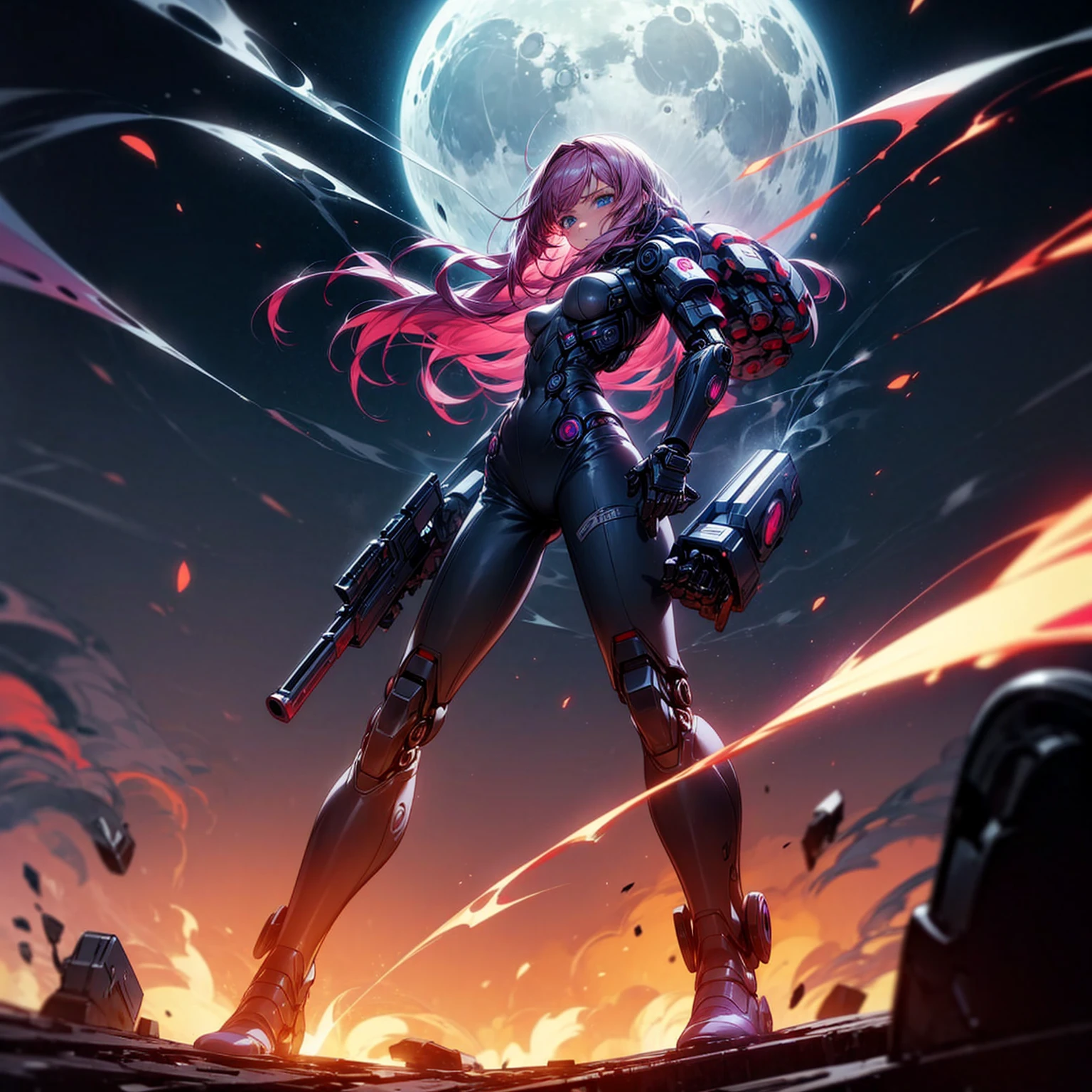 Ultra detailed, full background, Full body version, Grassroots, background in field, (solo, girl, cyborg, blue eyes, sad eyes, magenta color hair, long hair, pants, Boots), standing gesture, hand turns into a shotgun, high angle view, full body robotic, smoke effect, fire effect, lighting on shotgun, Red laser, largest robotic shotgun, moon, Moonlight, The whole body is fully robotic