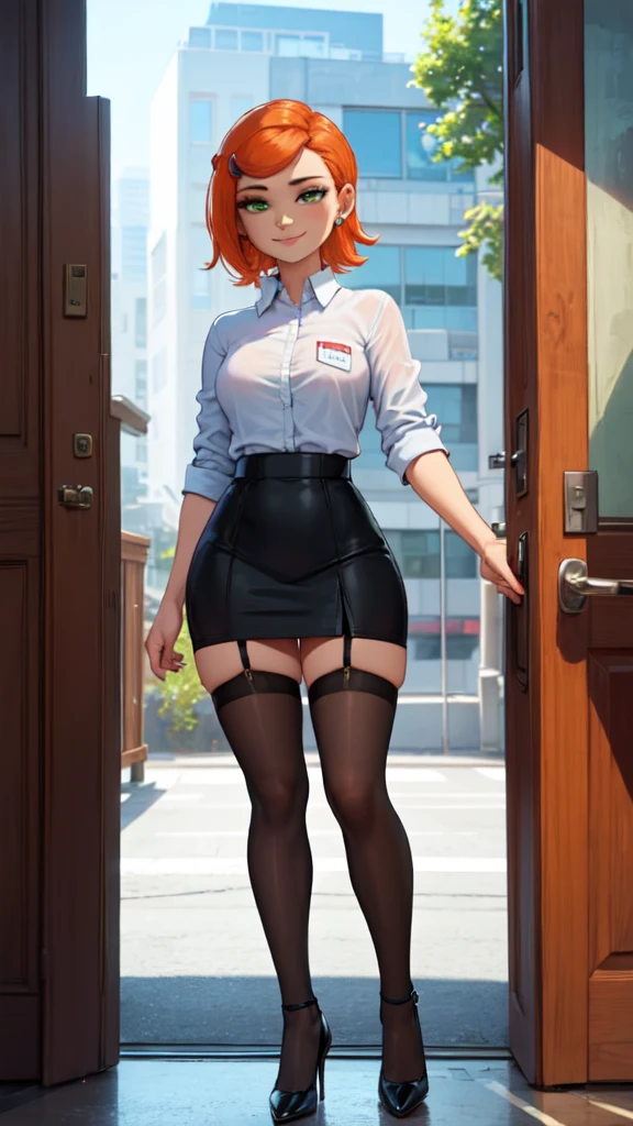 1 girl,(solo), (full body view), (masterpiece:1.2), (high quality:1.0),looking at viewer, (ultra detailed),smile,short orange hair, green eyes, Gwen Tennyson, secretary clothes,tight skirt, garter belt tights, at work, high heels, curvy, (front view)