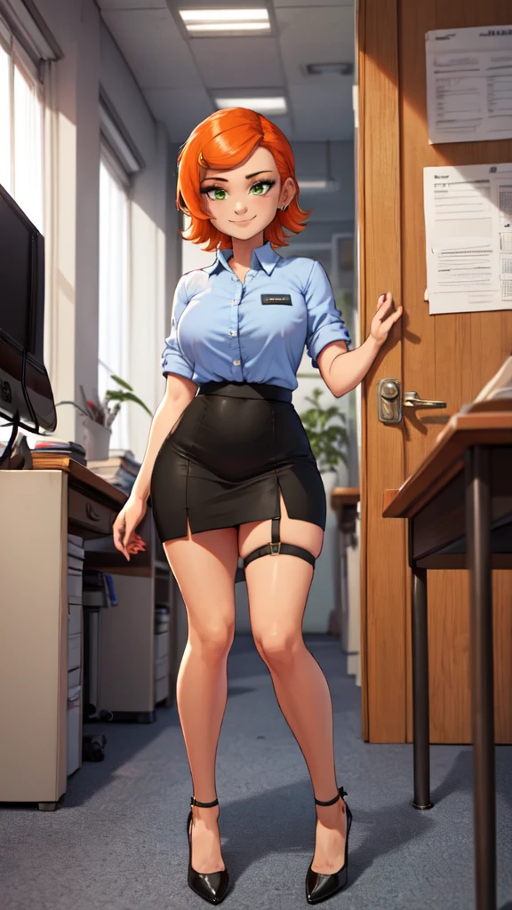 Secretary with short pixie light ginger hair, pale skin, surprised face, tight white short sleeved button up shirt, tight black pencil skirt, ver thick thighs, wide hips, dainty feet, full body shown, large breasts, thick thighs pressed together, large thighs, sitting in her chair, ((blowjob)), wearing feminine black slip on flats shoes on her feet, full body shown including legs and feet, feet in frame, show side view of her, cumming in mouth too much, shoes dangling off her toes, exposing her bare heel, man is forcing her head to his crotch keeping her in place