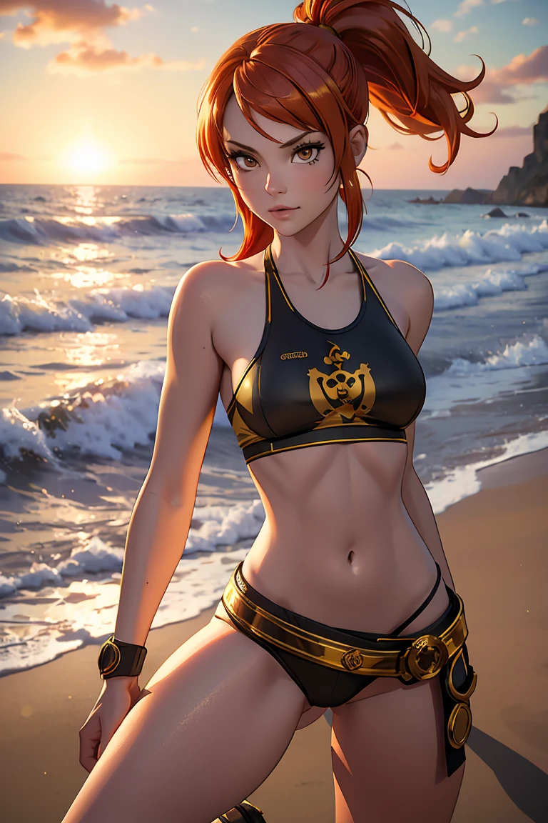 Gold eyes, Masterpiece, Best Quality, 8K, Photographic Reality, Realistic, Octane Rendering, (Red Hair in Ponytail), (Gold Eyes), (Fit, Athletic, slim)(Small Breasts), long hair, pirate outfit, full body shot, on a beach