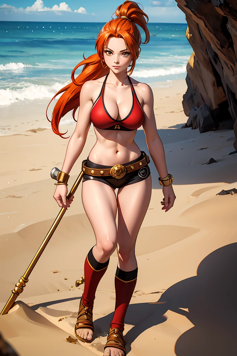 Gold eyes, Masterpiece, Best Quality, 8K, Photographic Reality, Realistic, Octane Rendering, (Red Hair in Ponytail), (Gold Eyes), (Fit, Athletic, slim)(Small Breasts), long hair, pirate outfit, full body shot, on a beach