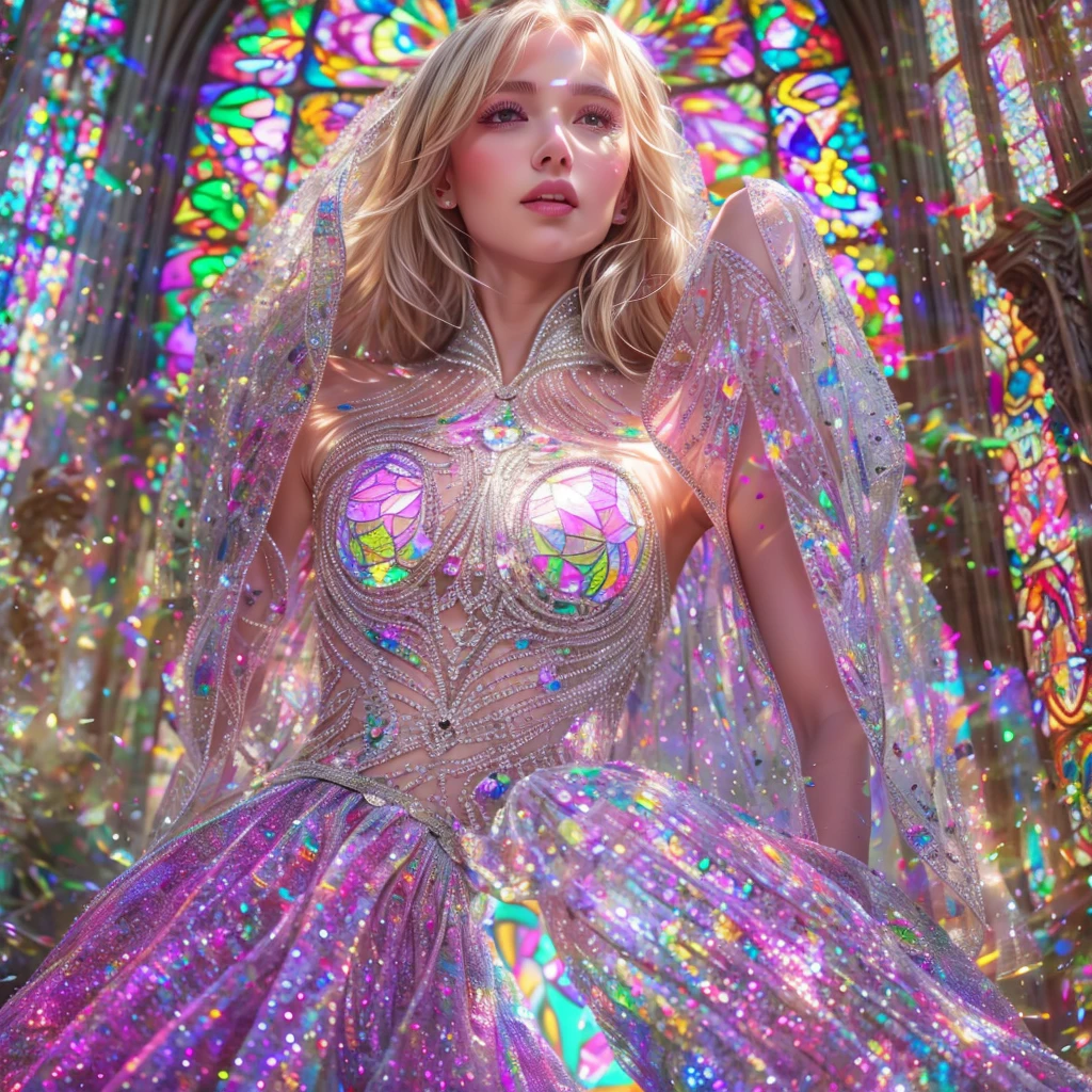 (Cathedral from below:1.28) (BokeH ZoomLayer) ((TopQuality 8K masterpiece of (Professional photo:1.37))), (((Clarisse de Cagliostro))) (Detailed White WeddingDresses), Chain, (CloseUp of (Extremely detailed (KAWAII face))) {((VeiledFace))|BlondeHair|(Elaborate BuleEyes)with(SparklingHighlights:1.28)}, The background is distant (((Elaborate stained glass))) Rainbow Glass, {(MysticSight)|EnchantingAtmosphere|Haze|(GodRays)|TyndallEffect}, Radiant PearlSkin with Transparency, (Exposed:0.77), BluB