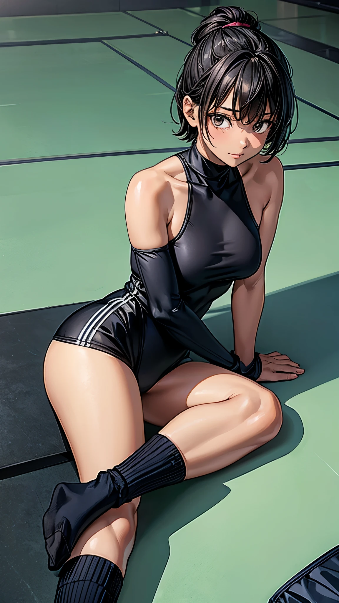 ((From above2.0,from side)),((Face focus2.0)),,Inside the sports gym,inside the dance studio,((sitting,extend her left leg)),One girl,sweat,(dark skin color),short black hair,seductive smile,high-neck-leotard,((loose socks2.0)),((loose socks2.0)),sneaker,elbow pads,knee pads.